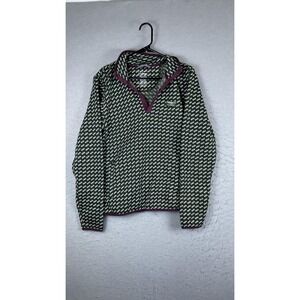 L.L.Bean Sweater Mens Medium Green Snap Mock Neck Fleece Pullover Geometric